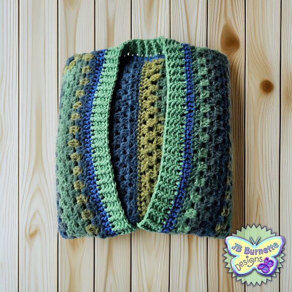 Handmade Oversize Crochet Cardigan Green Blue Warm Sweater, BOHO Granny Squares - Picture 13 of 15